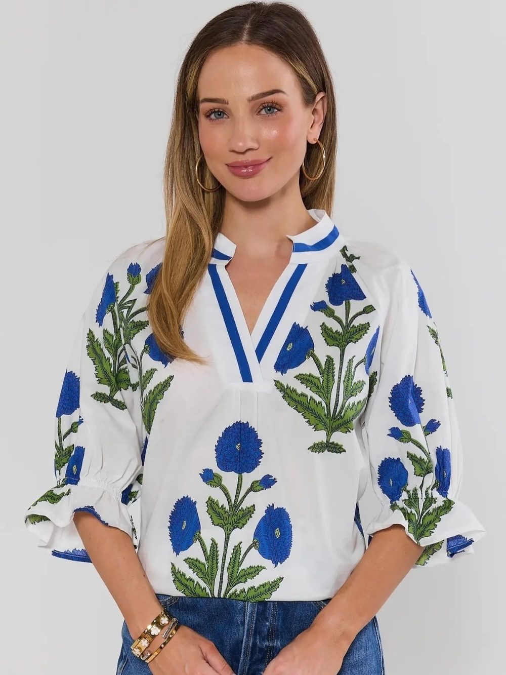 White Floral Embroidered V-Neck Women's Top - Blue Floral Print